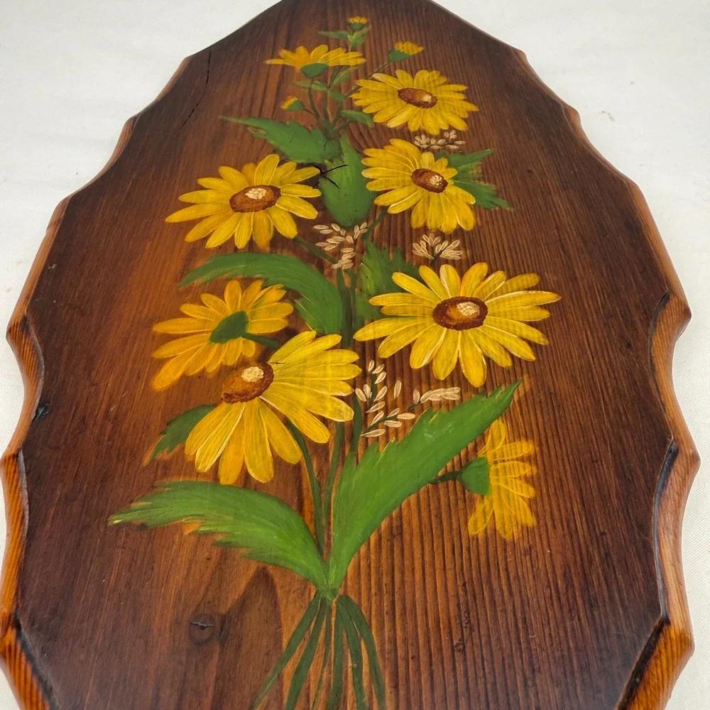 Vintage 1975 Hand Painted Yellow Daisy Floral Wood Plaque Wall Art Folk Art 16in